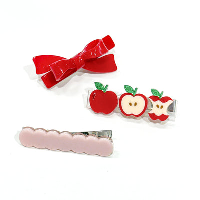 Apple Bite Red Bow Trio Hair Clips