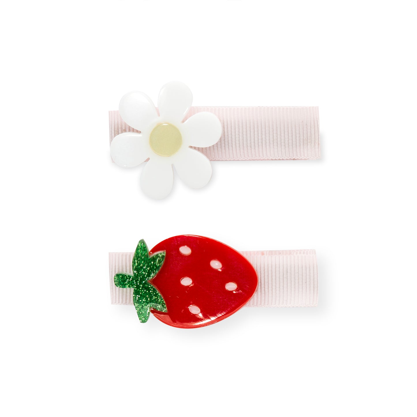 Pair of hair clips. One of them is adorned with a strawberry and the other one with a daisy. 