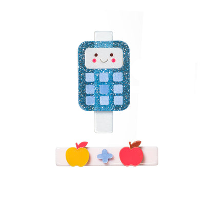 Calculator Glitter Blue Apples Hair Clips