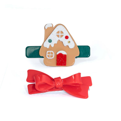 HOL25- Gingerbread House Red Bow Hair Clips