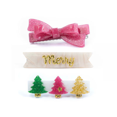 HOL25- Merry Trees Vintage Glitter Bow Hair Clips