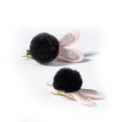Pompom Black Bunny Ears Hair Clips