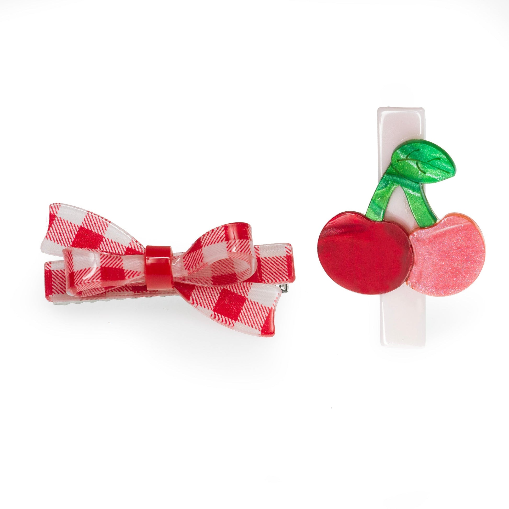 Cherry & Red Checkered Bow Hair Clips