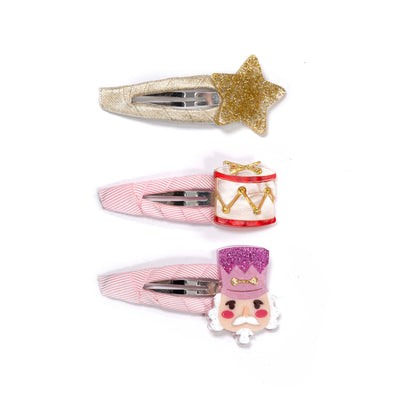 HOL25- Nutcracker Drum Star Pink Fabric Snap Clips