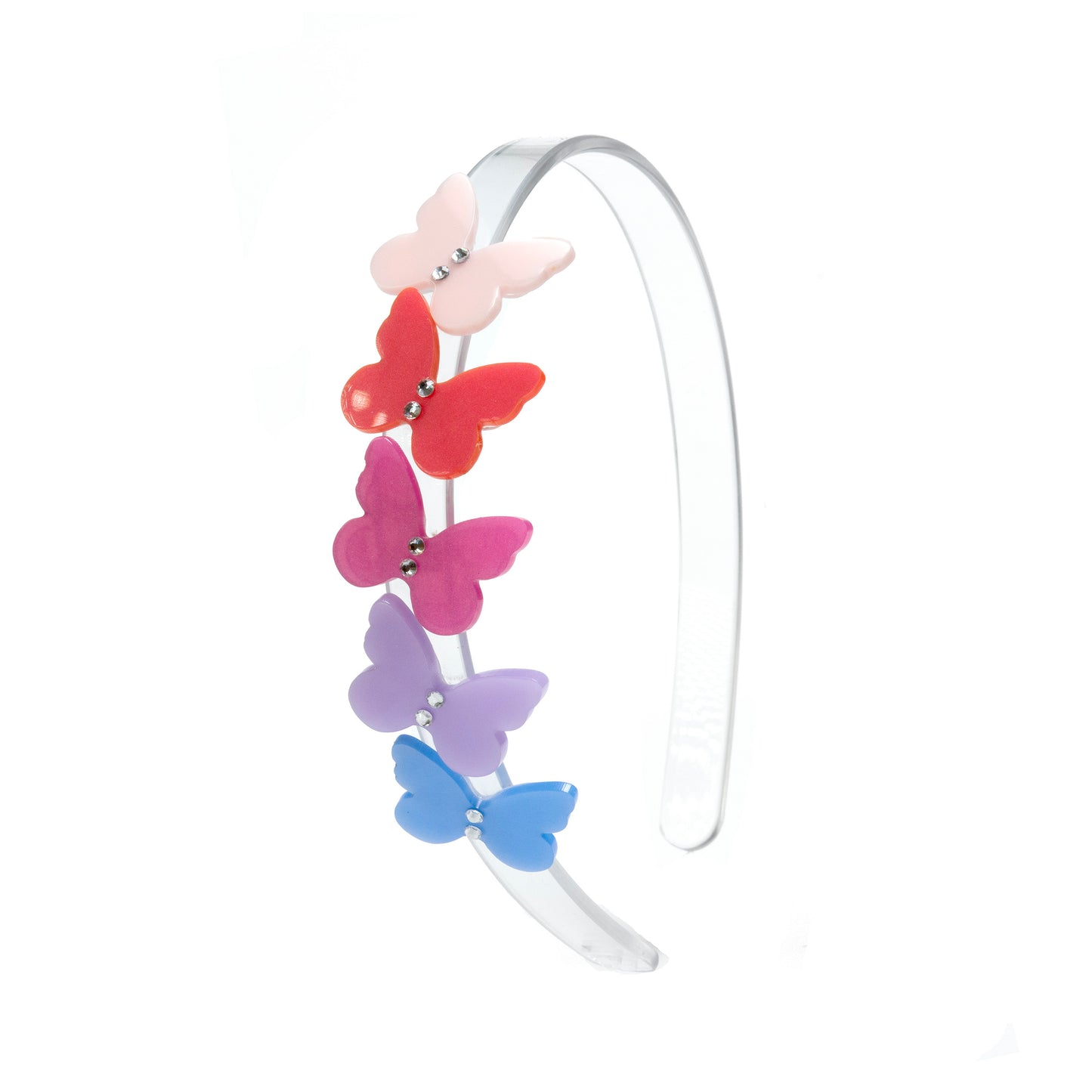Clear headband adorned with five colorful butterflies