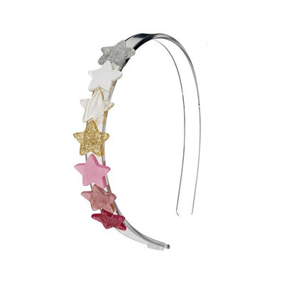 Clear acrylic headband adorned with seven stars in shades of pink. gold and silver. 