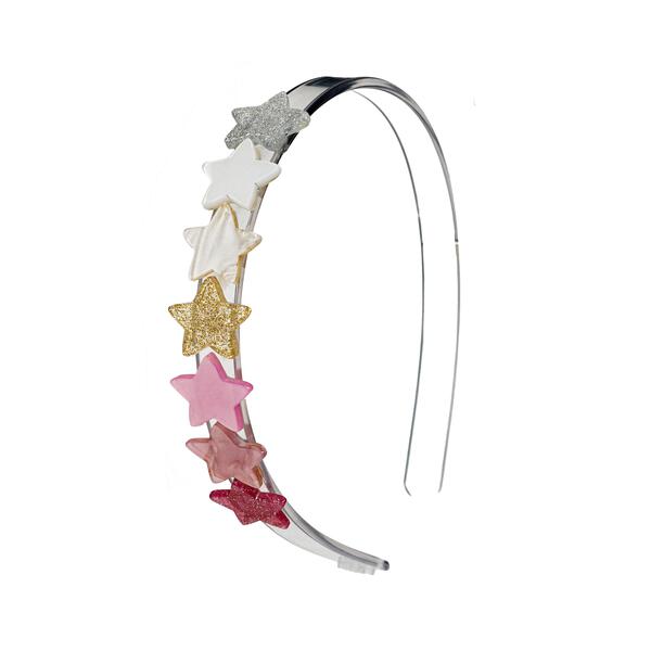 Clear acrylic headband adorned with seven stars in shades of pink. gold and silver. 