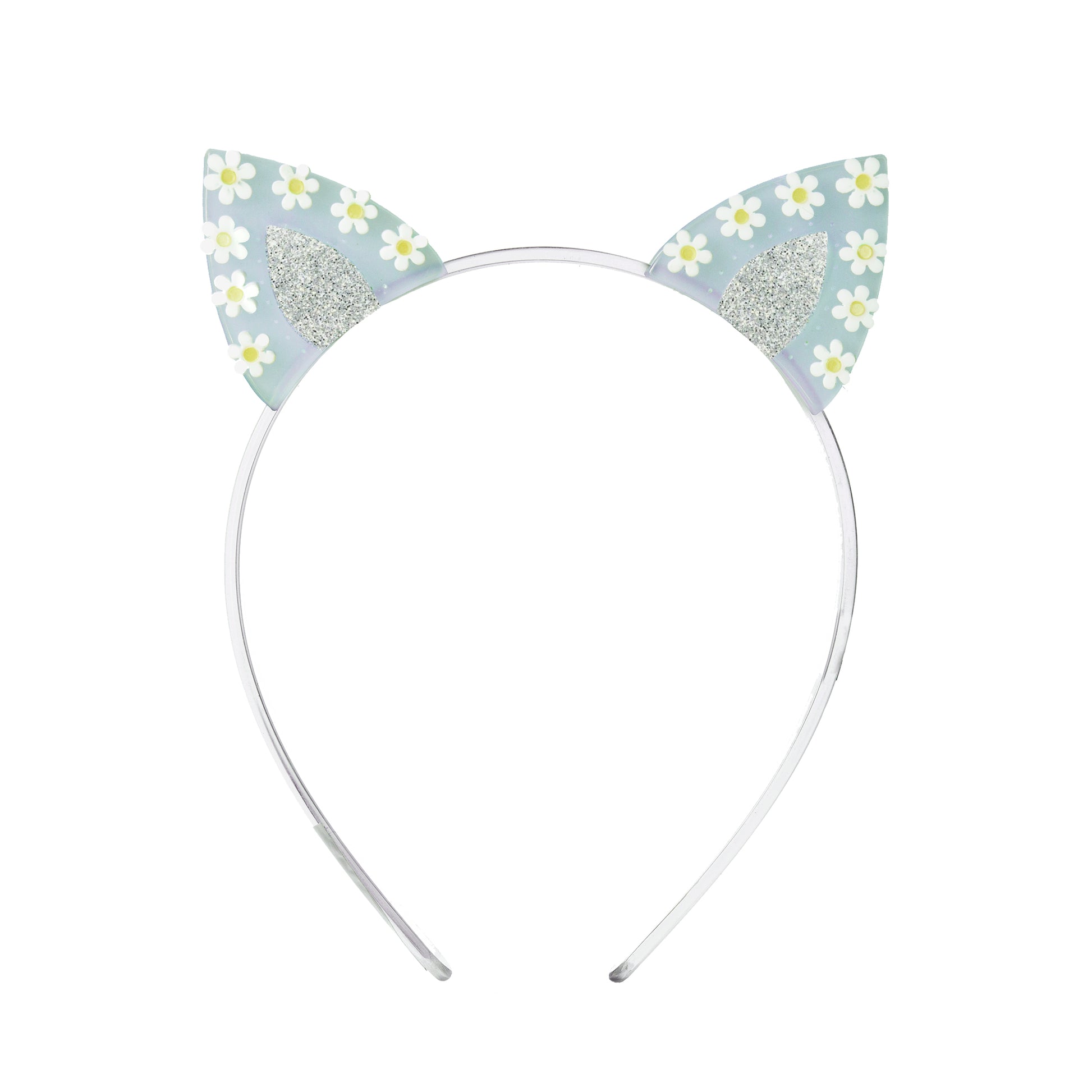 Clear headband adorned with two bunny ears. Bunny ears are blue and silver, adorned with seven daisies on each. 