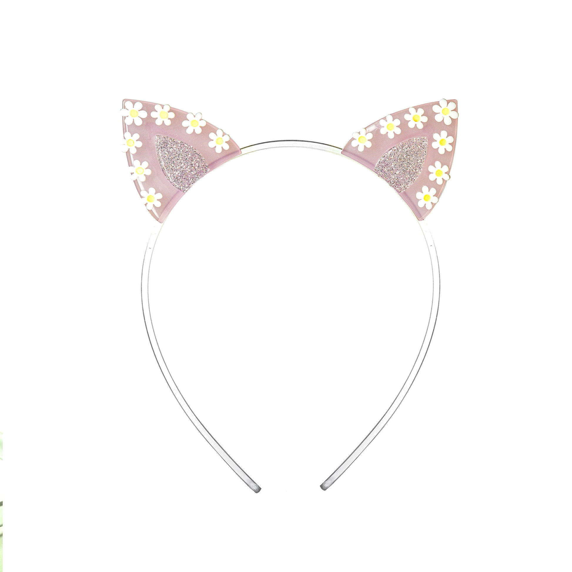 Clear headband adorned with two bunny ears. Bunny ears are pink and gold, adorned with seven daisies on each.