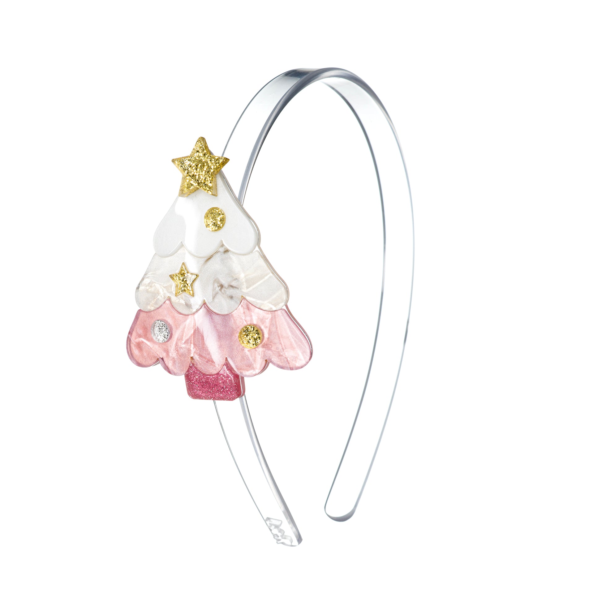 Clear acrylic headband adorned with a pink pearly Christmas tree with gold glitter decorations on the side.