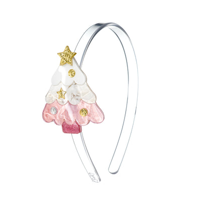 Clear acrylic headband adorned with a pink pearly Christmas tree with gold glitter decorations on the side.