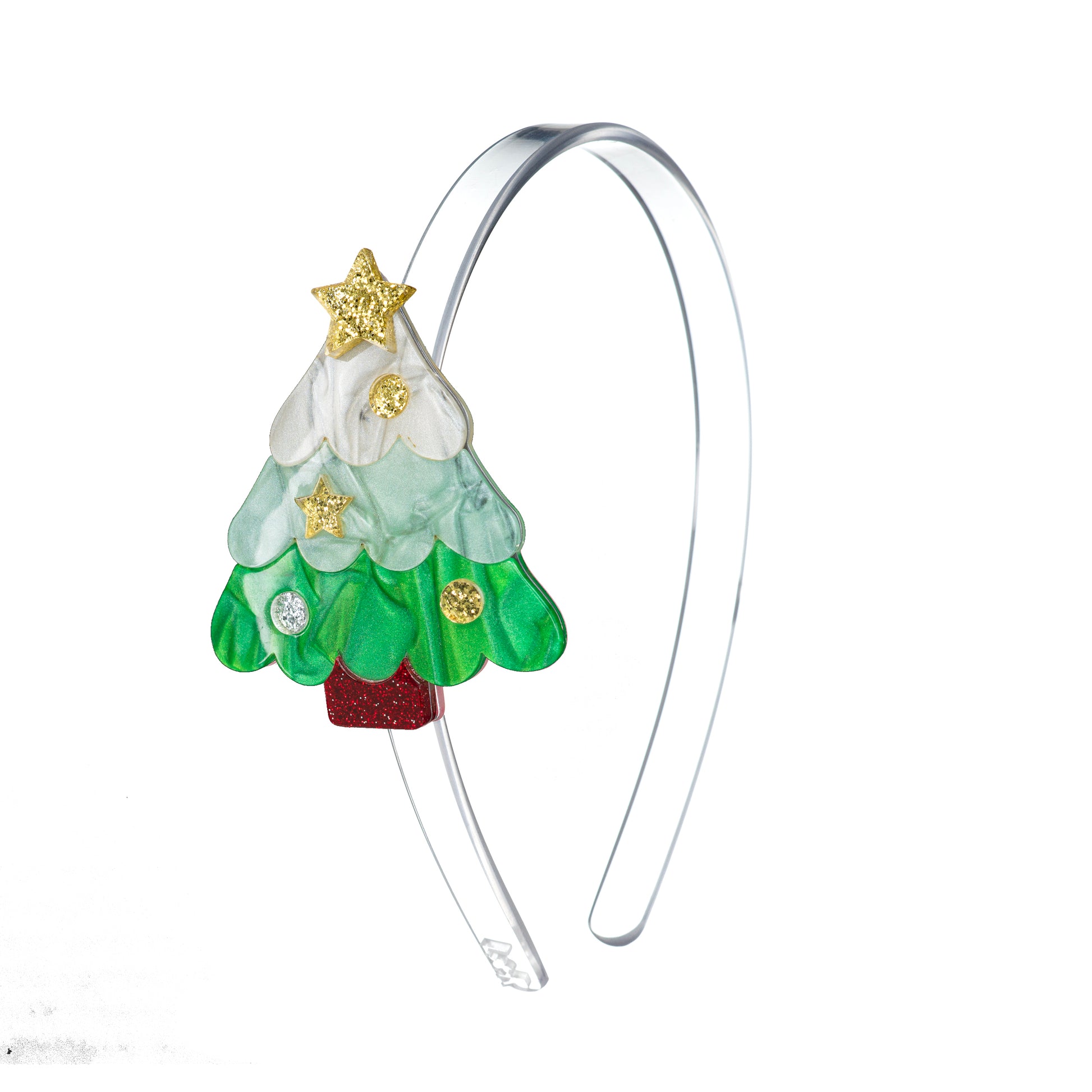 Clear acrylic headband adorned with a green pearly Christmas tree with gold glitter decorations on the side.