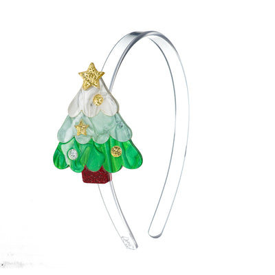 Clear acrylic headband adorned with a green pearly Christmas tree with gold glitter decorations on the side.