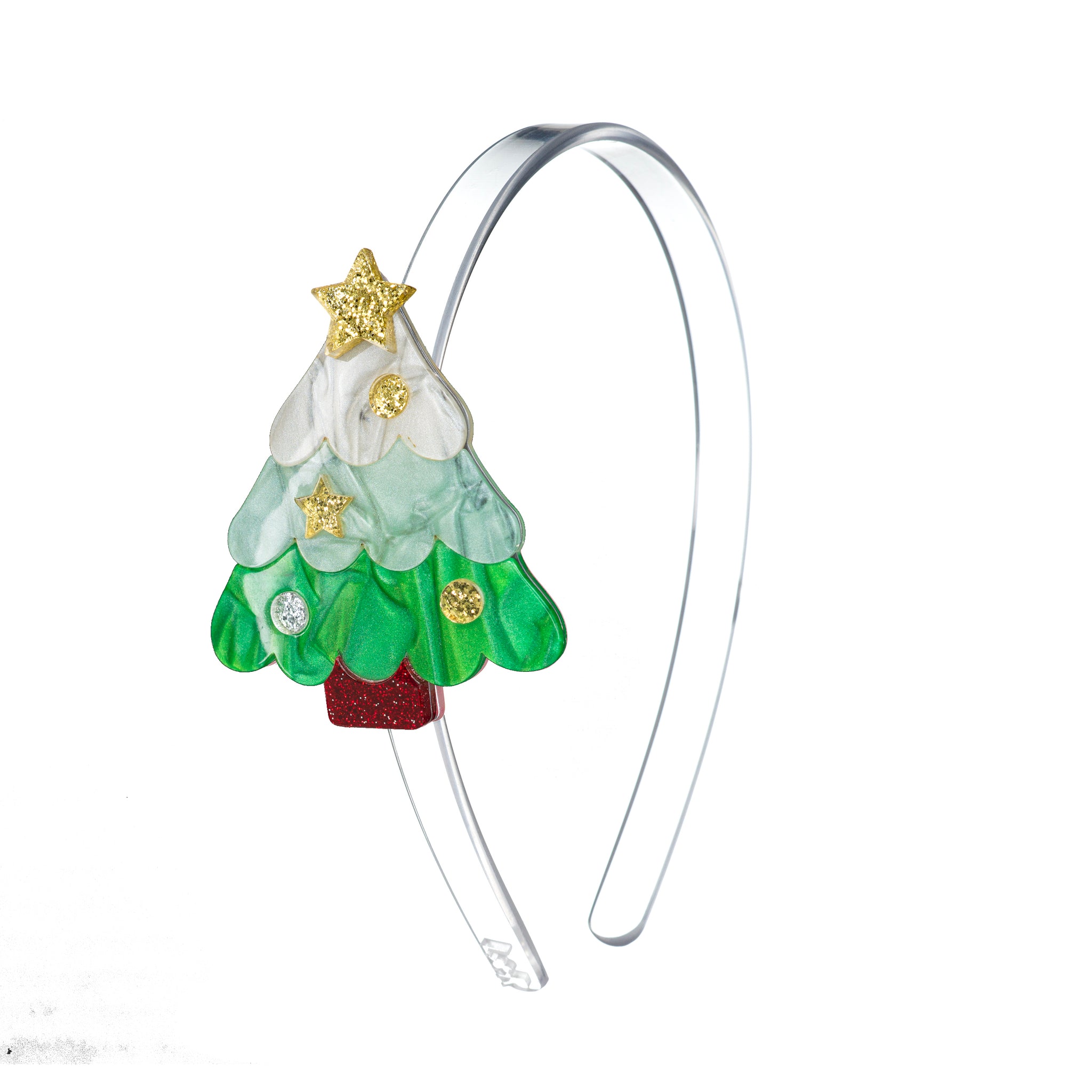 Clear acrylic headband adorned with a green pearly Christmas tree with gold glitter decorations on the side.