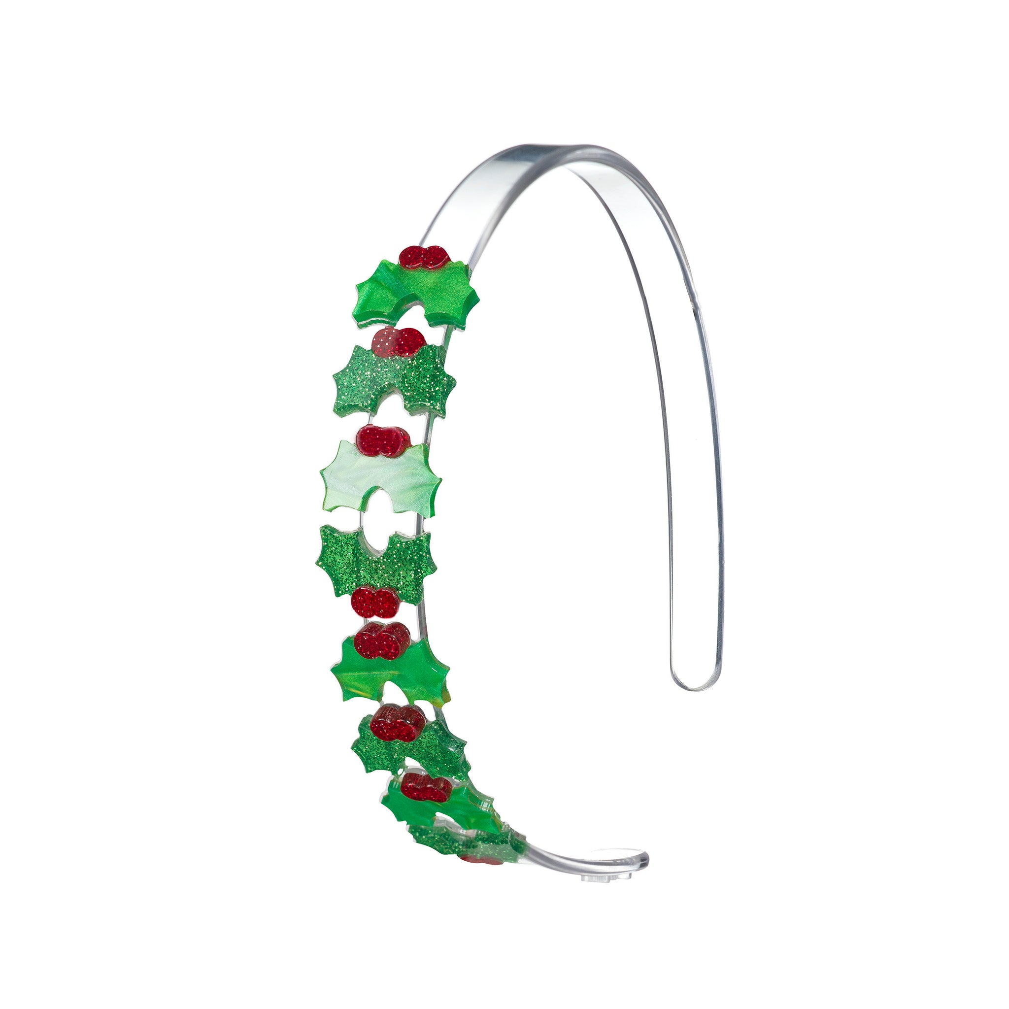 Clear acrylic headband with eight small mistletoe charms in different shades of glittery green and red glitter detail.