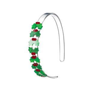 Clear acrylic headband with eight small mistletoe charms in different shades of glittery green and red glitter detail.