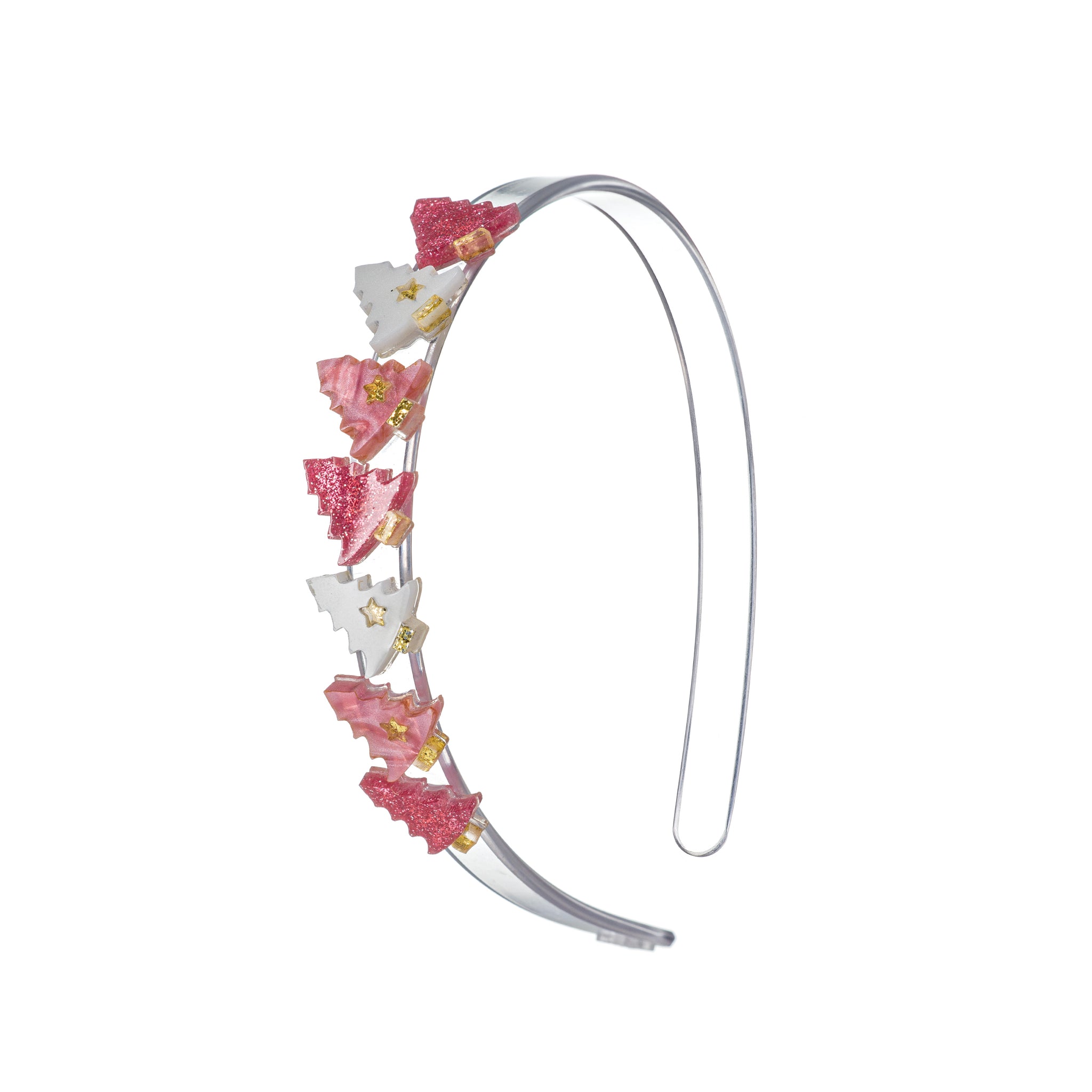 Clear acrylic headband adorned with seven small Christmas trees in different shades of pink.