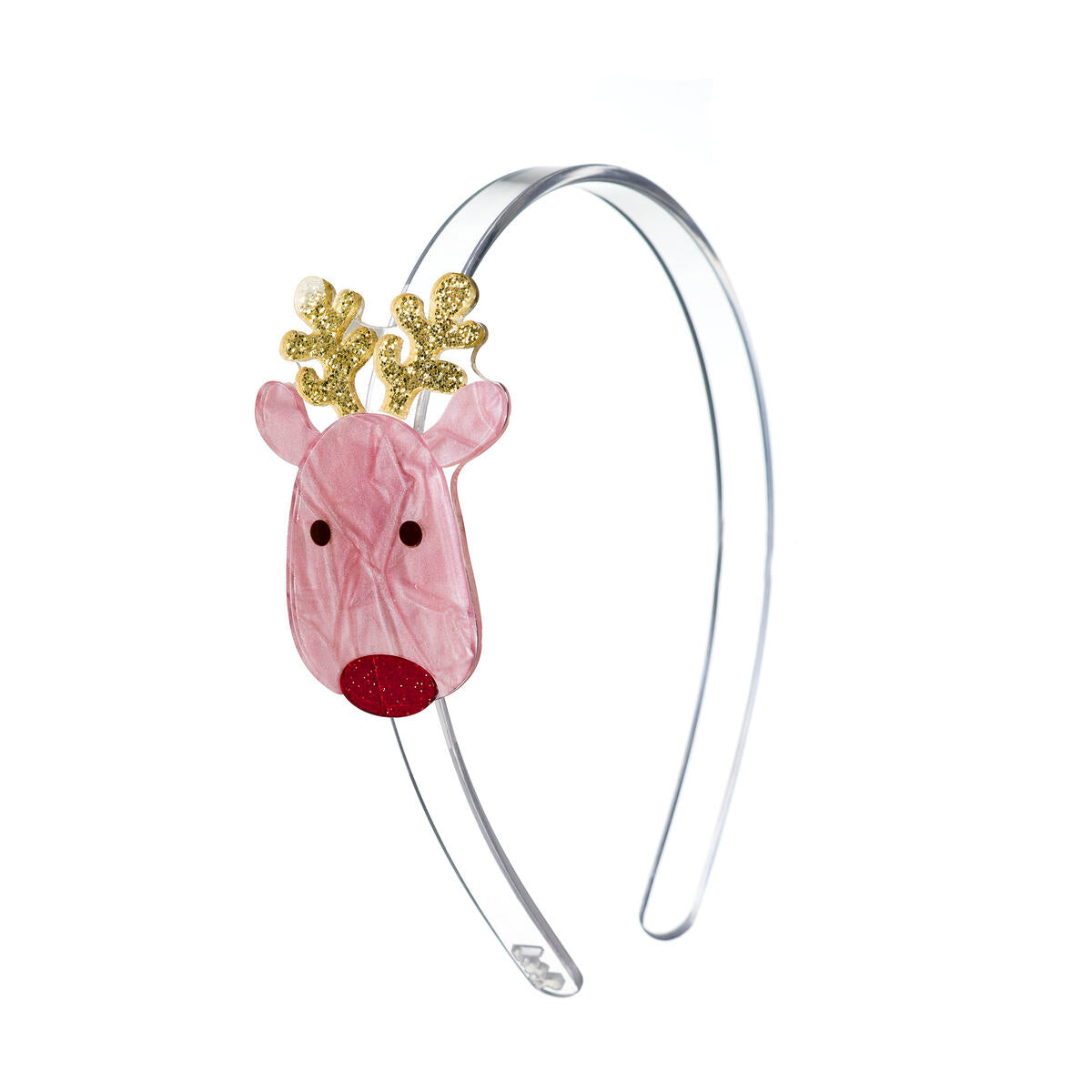 Clear headband adorned with a reindeer's face on the site. Antlers are gold glitter, face is pink pearl and nose is red glitter. 