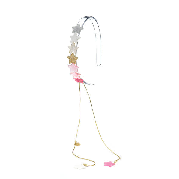 Clear acrylic headband adorned with seven small stars in different shades of pink, gold, white and silver. It also has two stars hanging from gold strings.