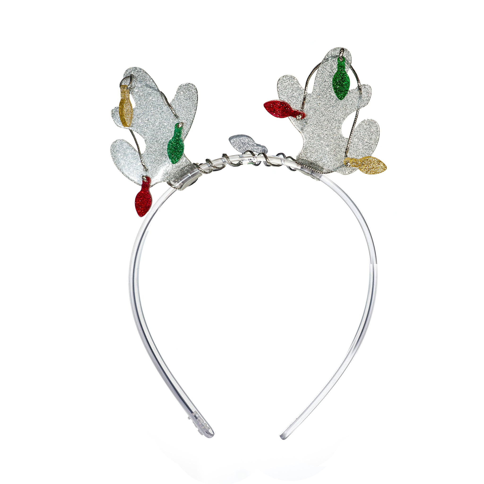 Clear acrylic headband adorned with silver glitter reindeer antlers and Christmas lights around them. 