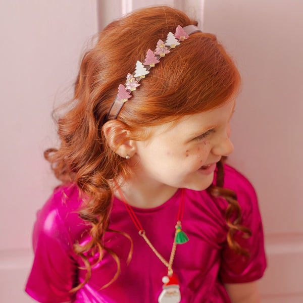 HOL23- Mini Christmas Tree Pink Pearlized Headband