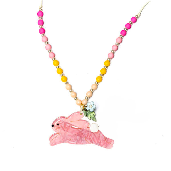 Necklace with cotton strings adorned with colorful acrylic beads. Pink hopping bunny pendant.
