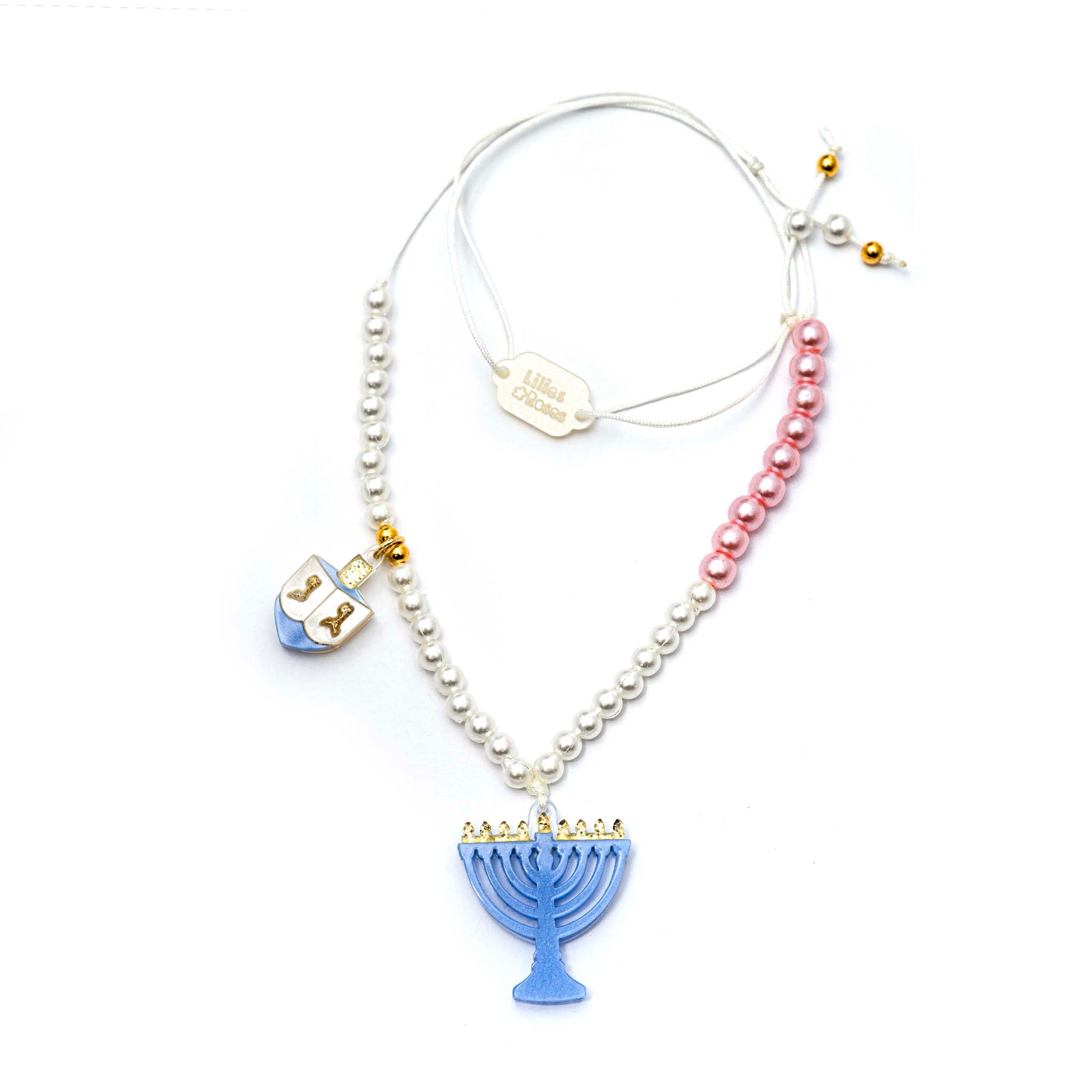 HOL25- Menorah Dreidel Blue Necklace -  Lilies & Roses NY