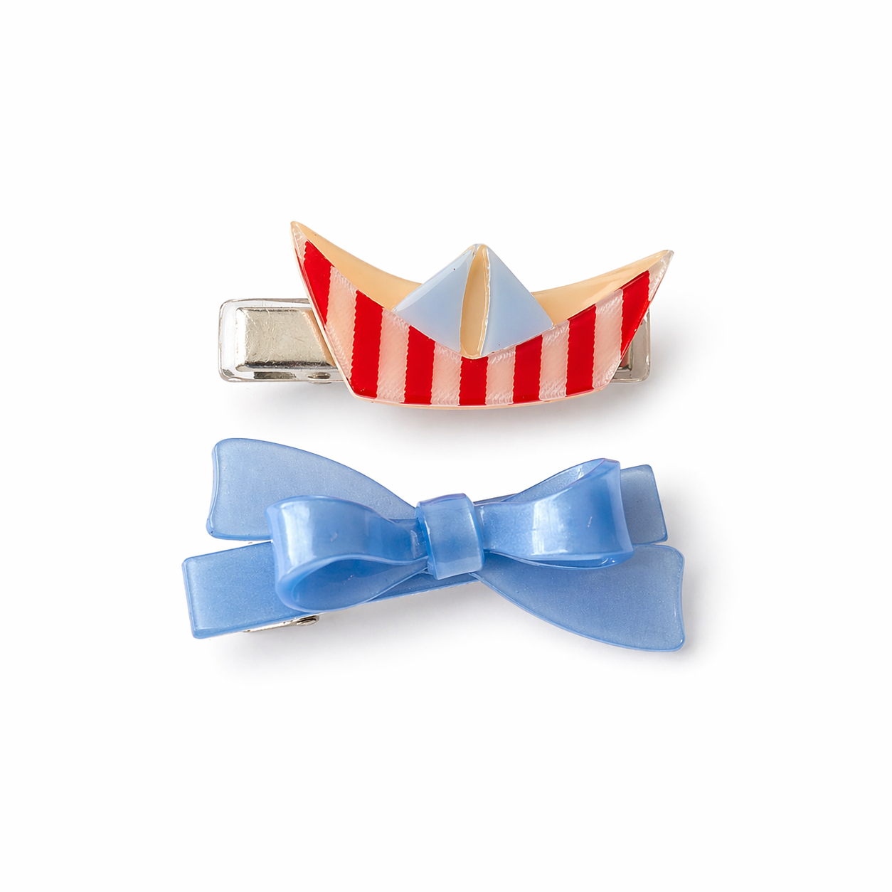 Nautical Paper Boat & Blue Bow Hair Clips -  Lilies & Roses NY
