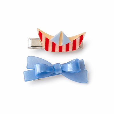 Nautical Paper Boat & Blue Bow Hair Clips