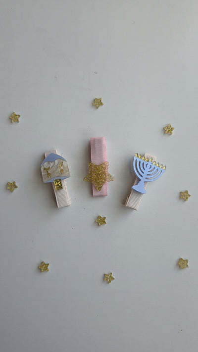 Little Star Menorah Dreidel Blue Hair Clips -HOL
