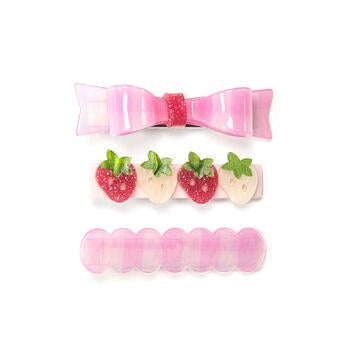Pink checked bow + Strawberries Alligator clips