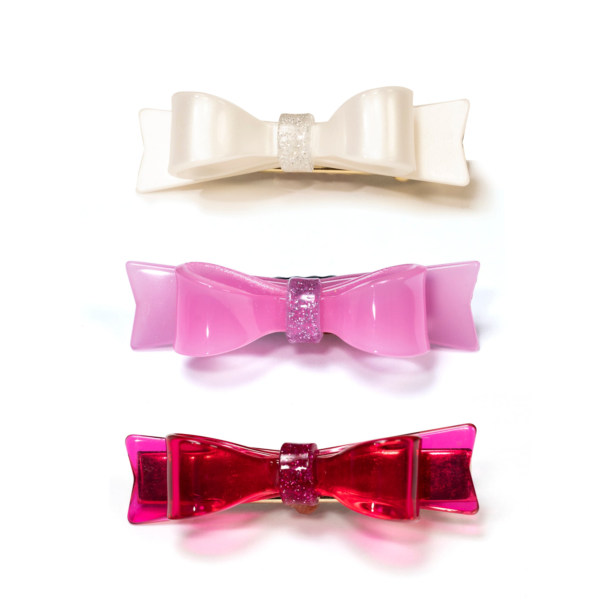 VAL-Three Bowtie Satin Pink+White+Clear Pink Alligator Clips