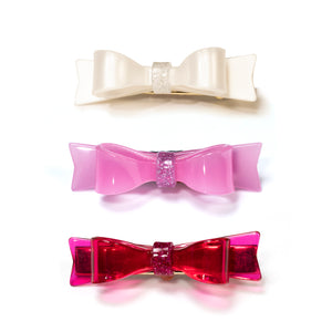 VAL-Three Bowtie Satin Pink+White+Clear Pink Alligator Clips