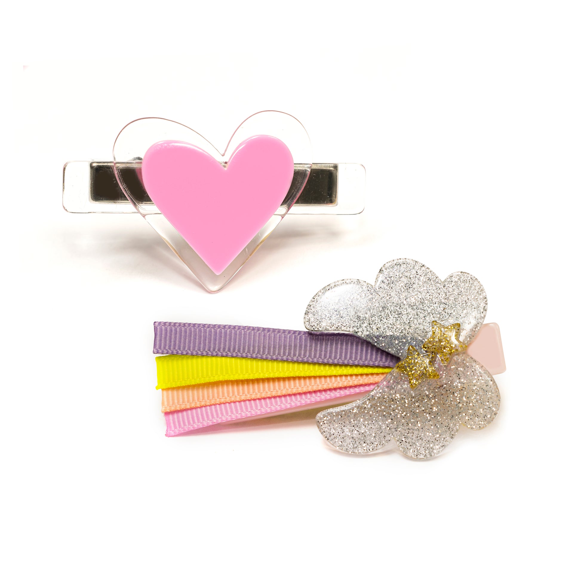Wings Silver Glitter & Heart Light Pink Alligator Clips - VAL