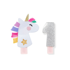 Unicorn Party White Glitter + Number 1 Silver Alligator Clips