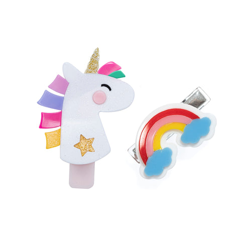 Unicorn Party White Glitter + Rainbow w/ Clouds Alligator Clip