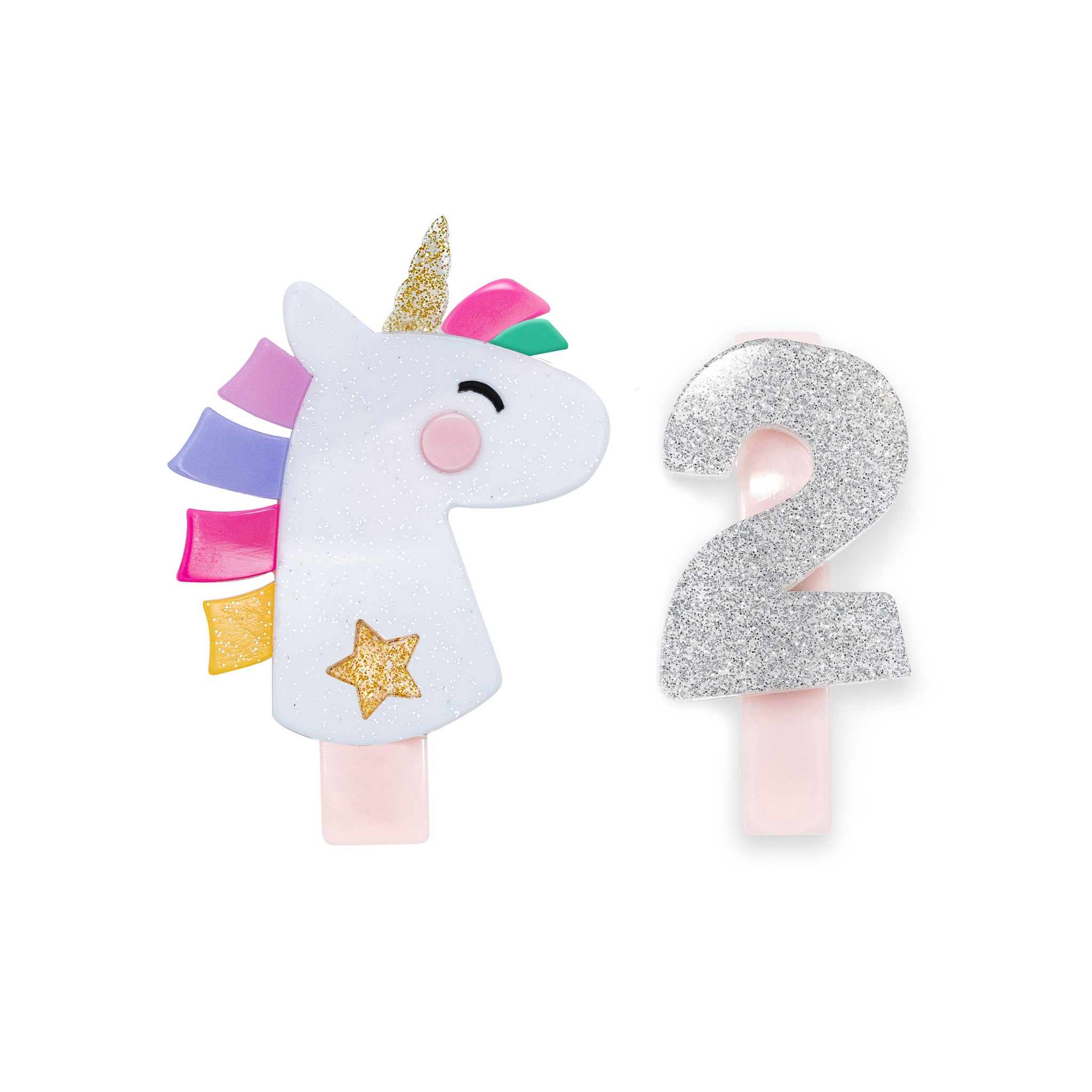 Unicorn Party White Glitter + Number 2 Silver Alligator Clips