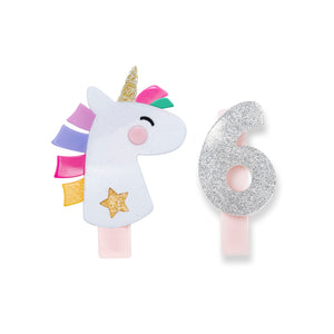 Unicorn Party White Glitter + Number 6 Silver Alligator Clips
