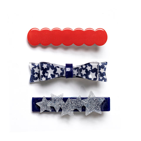 4th of July Glitter Star Bow Tie Three Combo Alligator Clips