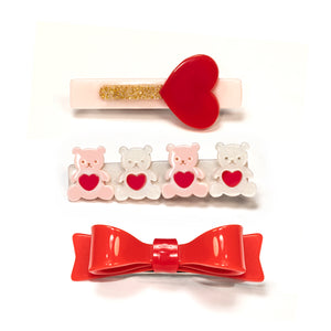 VAL-Three Combo Teddy Hearts Red Bowtie Alligator Clips