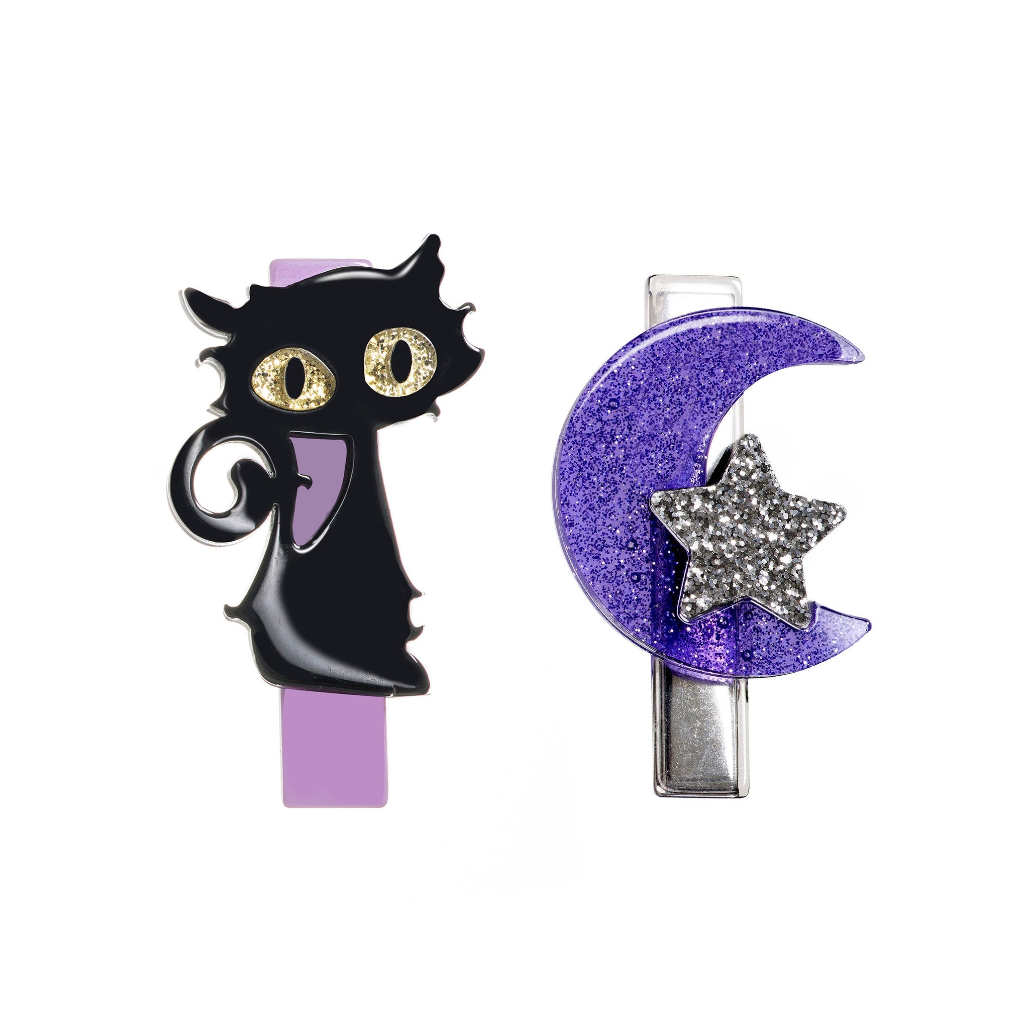 HAL23- Cat Black & Moon Glitter Lilac Alligator Clips