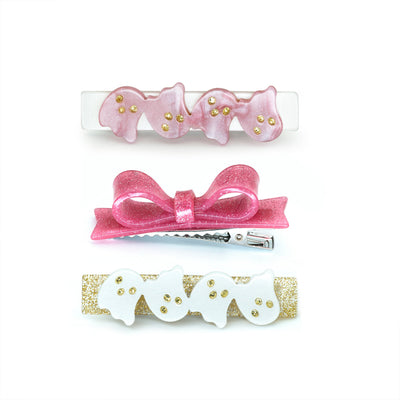 Ghosts Satin White Pink & Bowtie Hair Clips -HAL -  Lilies & Roses NY