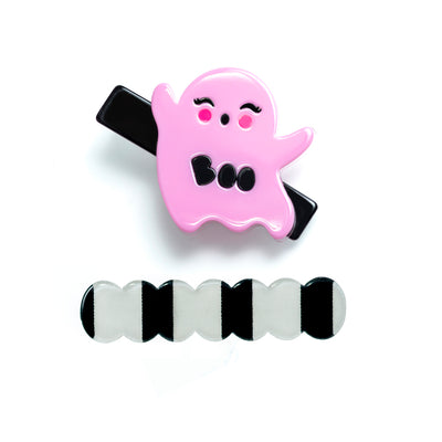 Spooky Cute Ghost Candy Pink & Striped Wave Black/White Alligator Clips