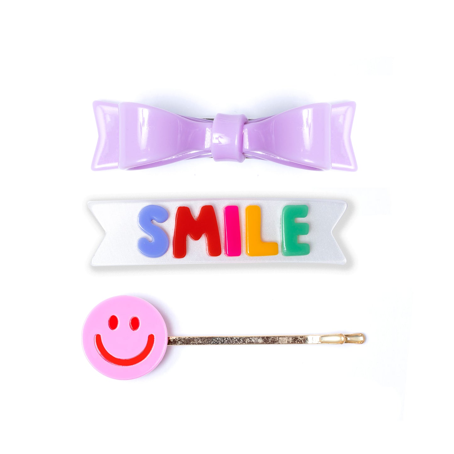 Three Combo Smile Word Set + Bowtie Lilac Alligator Clips  (set of 3)