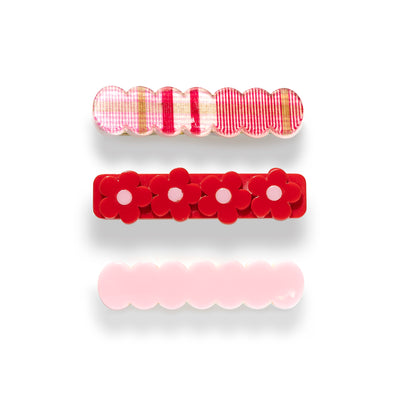 Three Combo Red flower Plaid Hair Clip