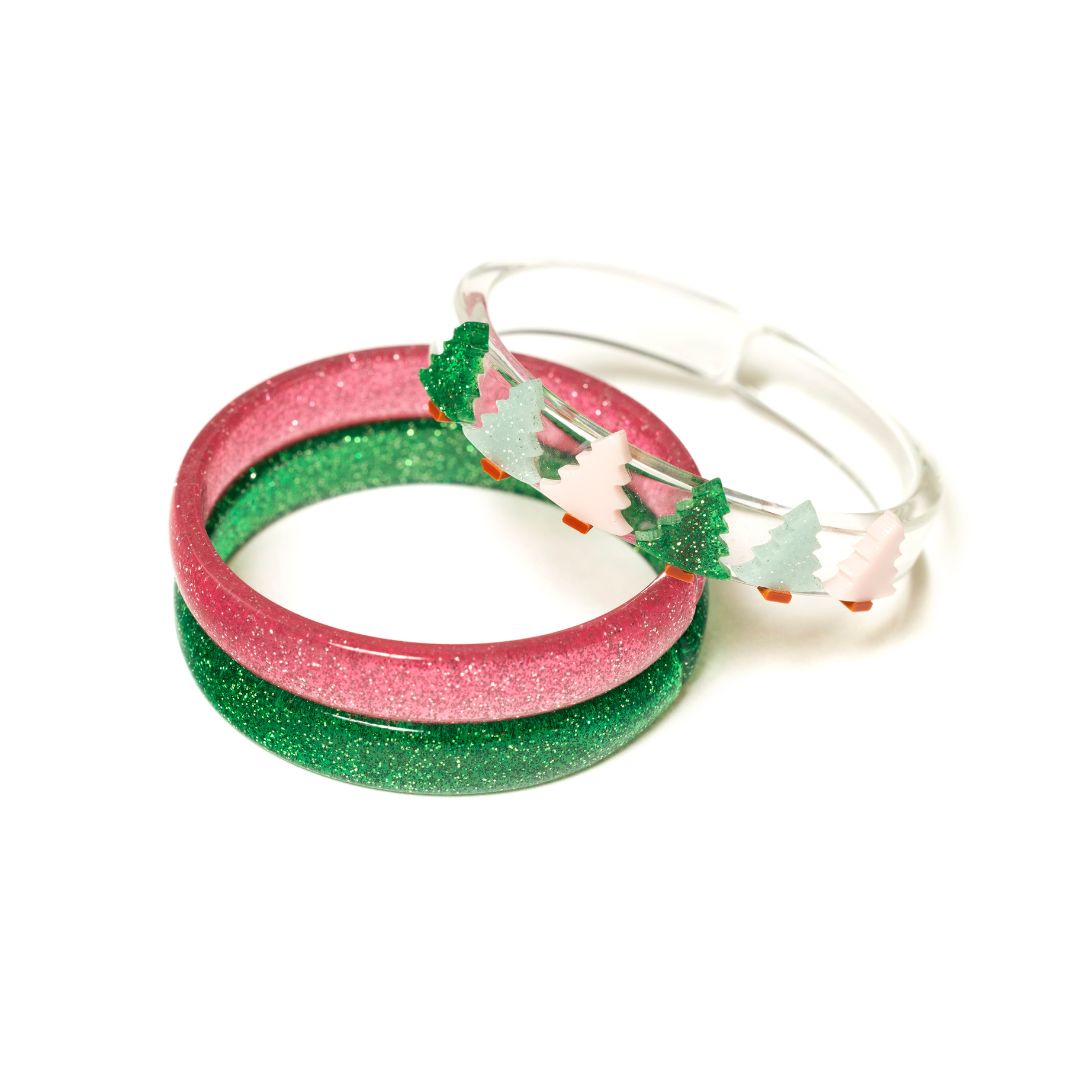 HOL-Multi Christmas Tree Glitter Pink+ Glitter Green Bangle Set
