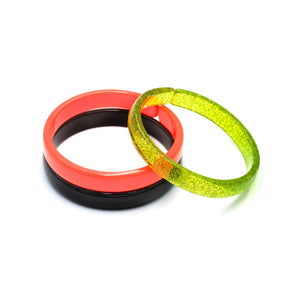 HAL23- Glitter Green Neon Orange Black Bangle Set