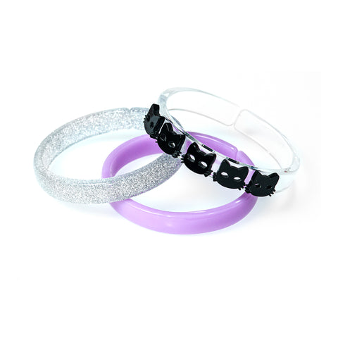 Multi Black Cat Silver Glitter+ Light Purple Bangle Set