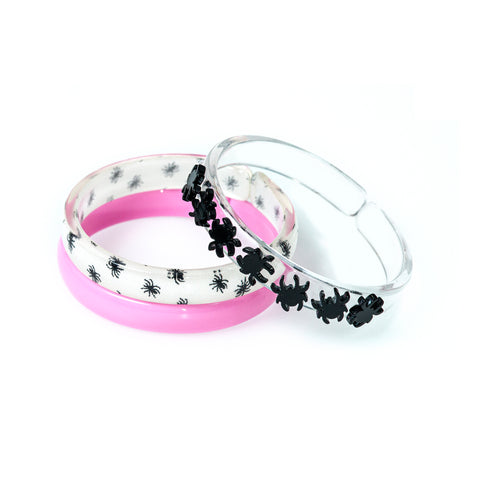 Multi Black Spider Candy Pink+ Spider Print Bangle Set