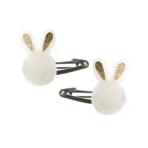 Pompom Bunny Ears Gold Snap Hair Clips